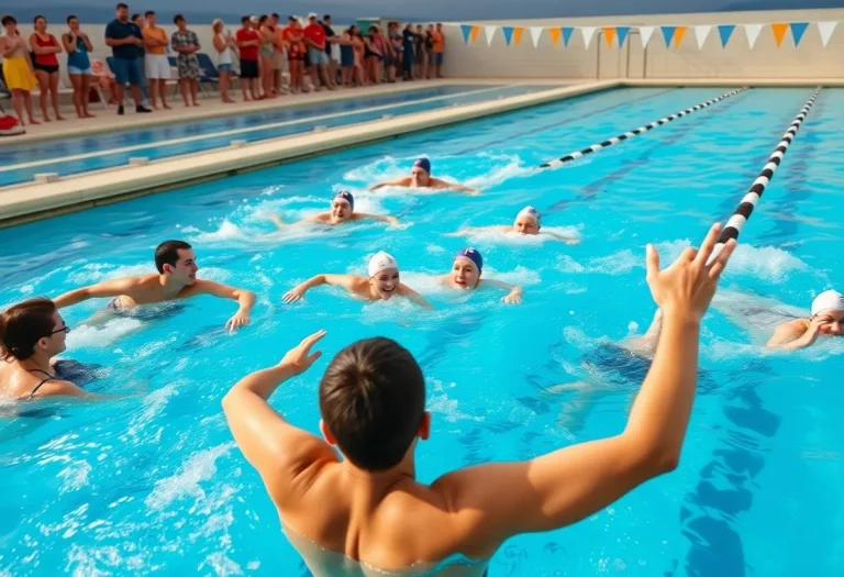 Swimmers competing in a community swimming pool