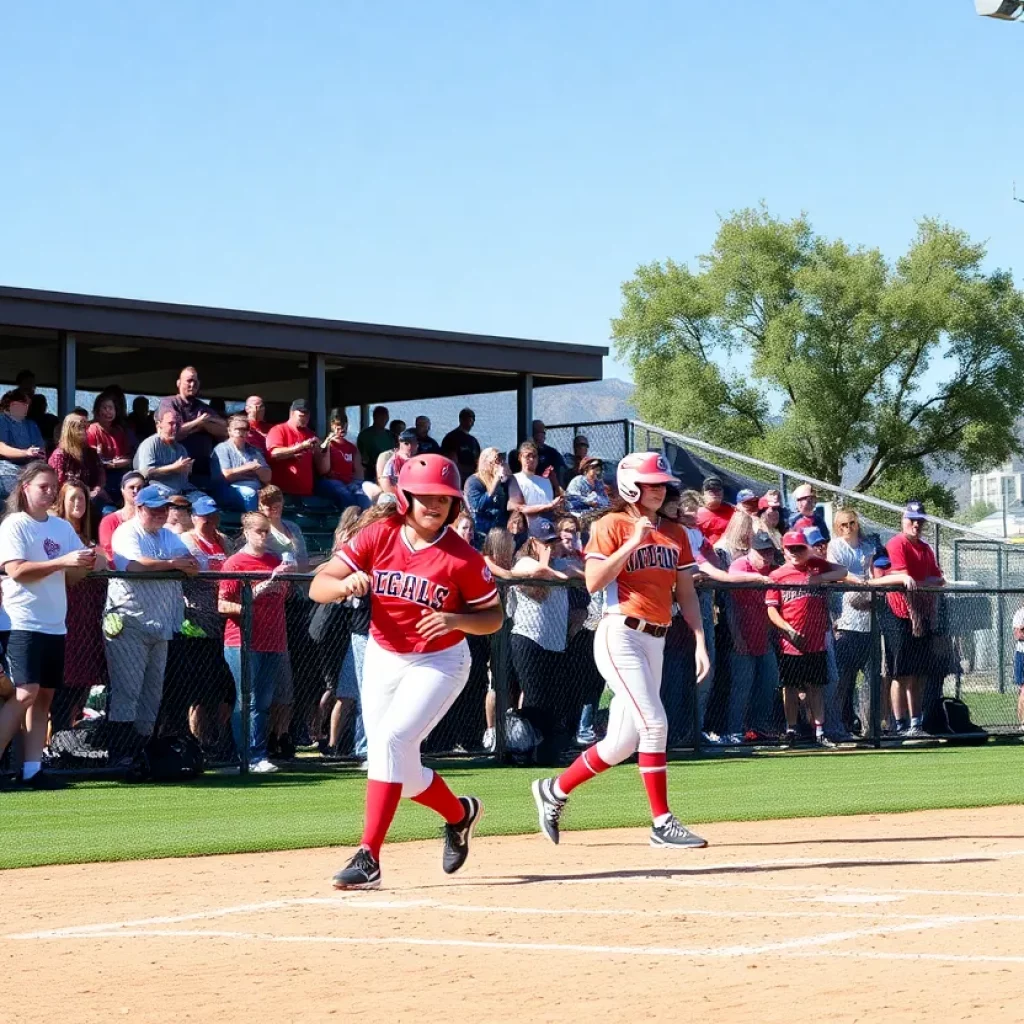 Players competing in a high school softball game in Utah