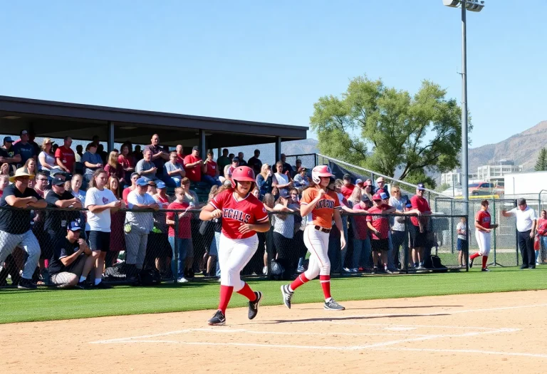 Players competing in a high school softball game in Utah