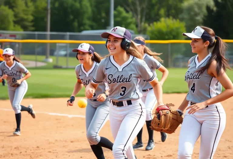 Group of young female softball players in action on the field.