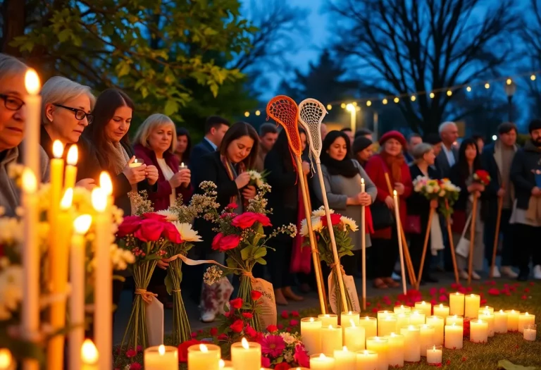 Vigil for young athlete Dylan Veselic with candles and tributes.