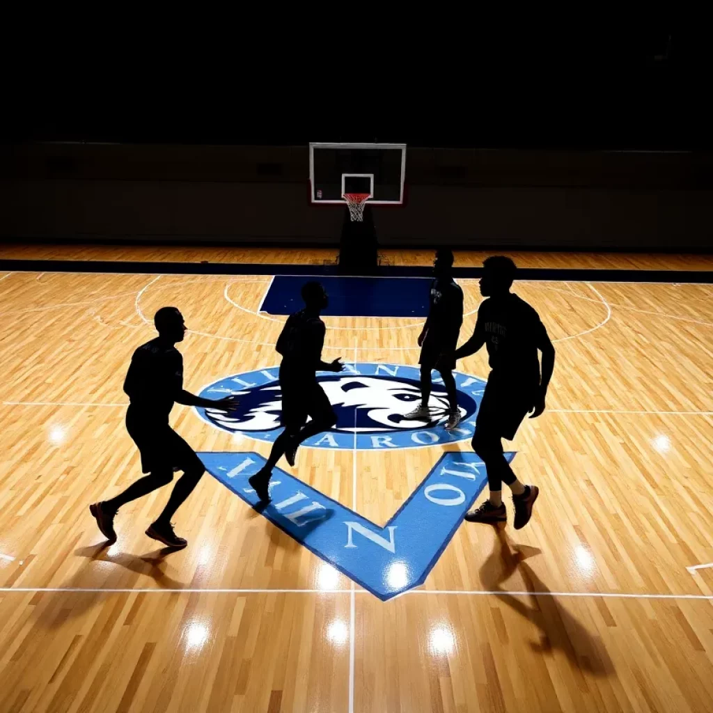 Silhouettes of basketball players on a court in Villanova colors.