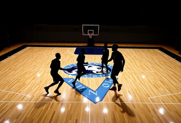 Silhouettes of basketball players on a court in Villanova colors.