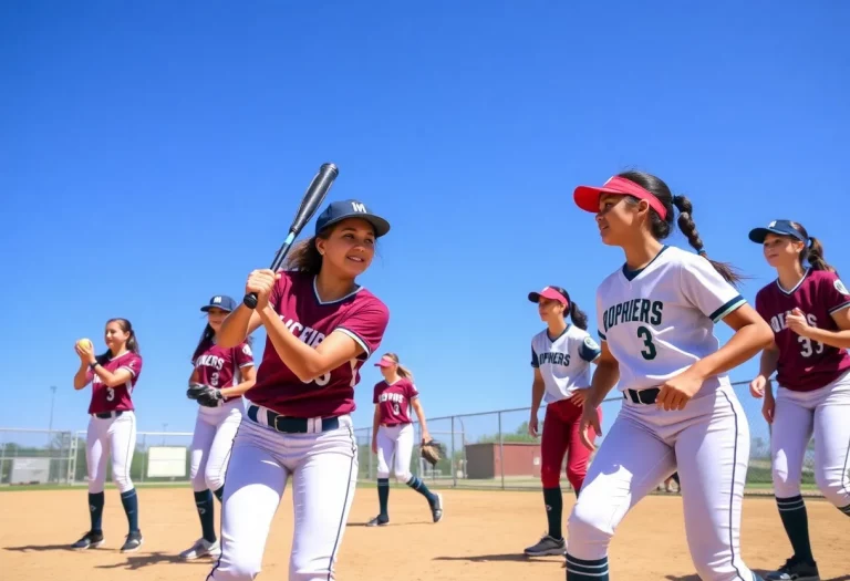 High school softball players competing on the field