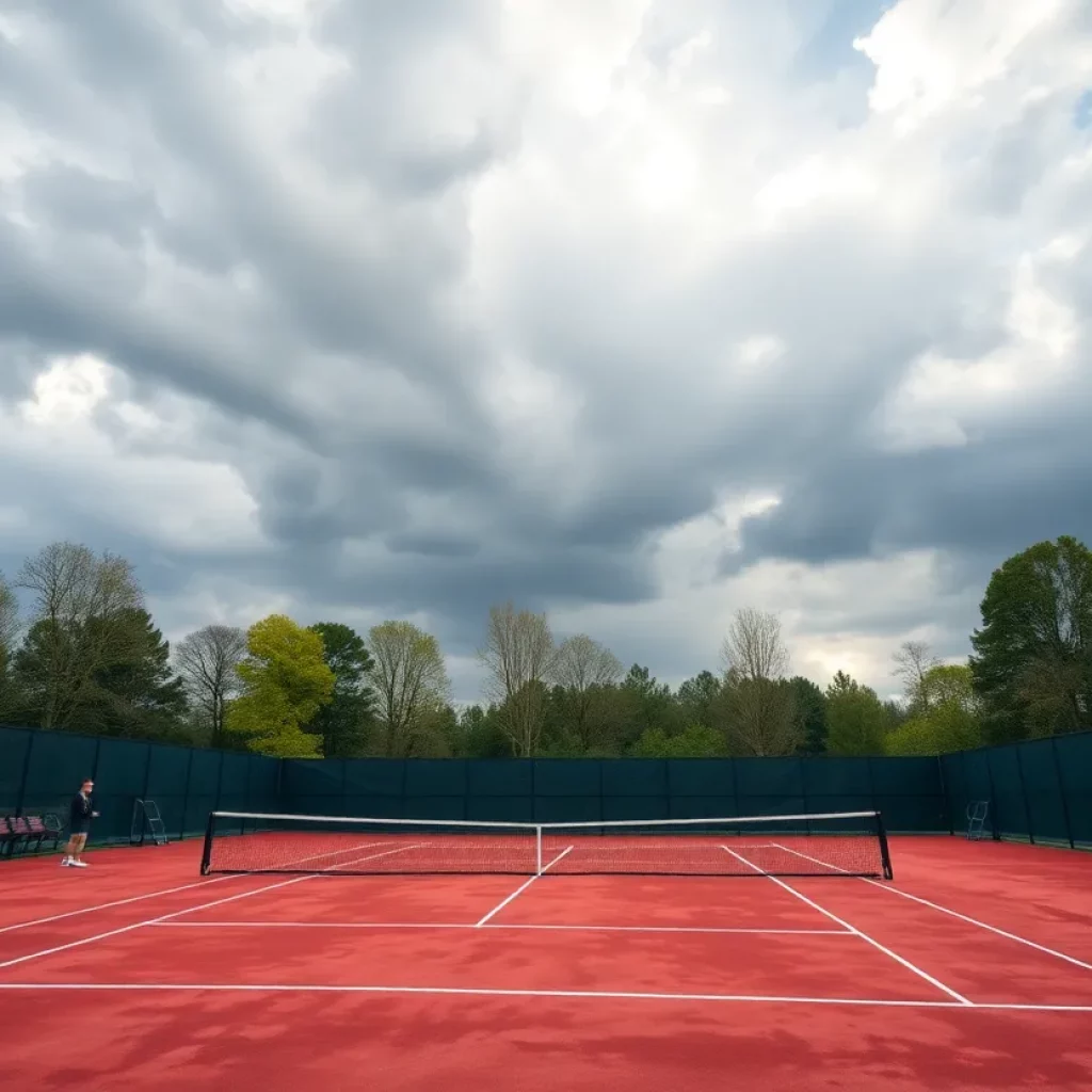 Cloudy sky over a tennis court with players