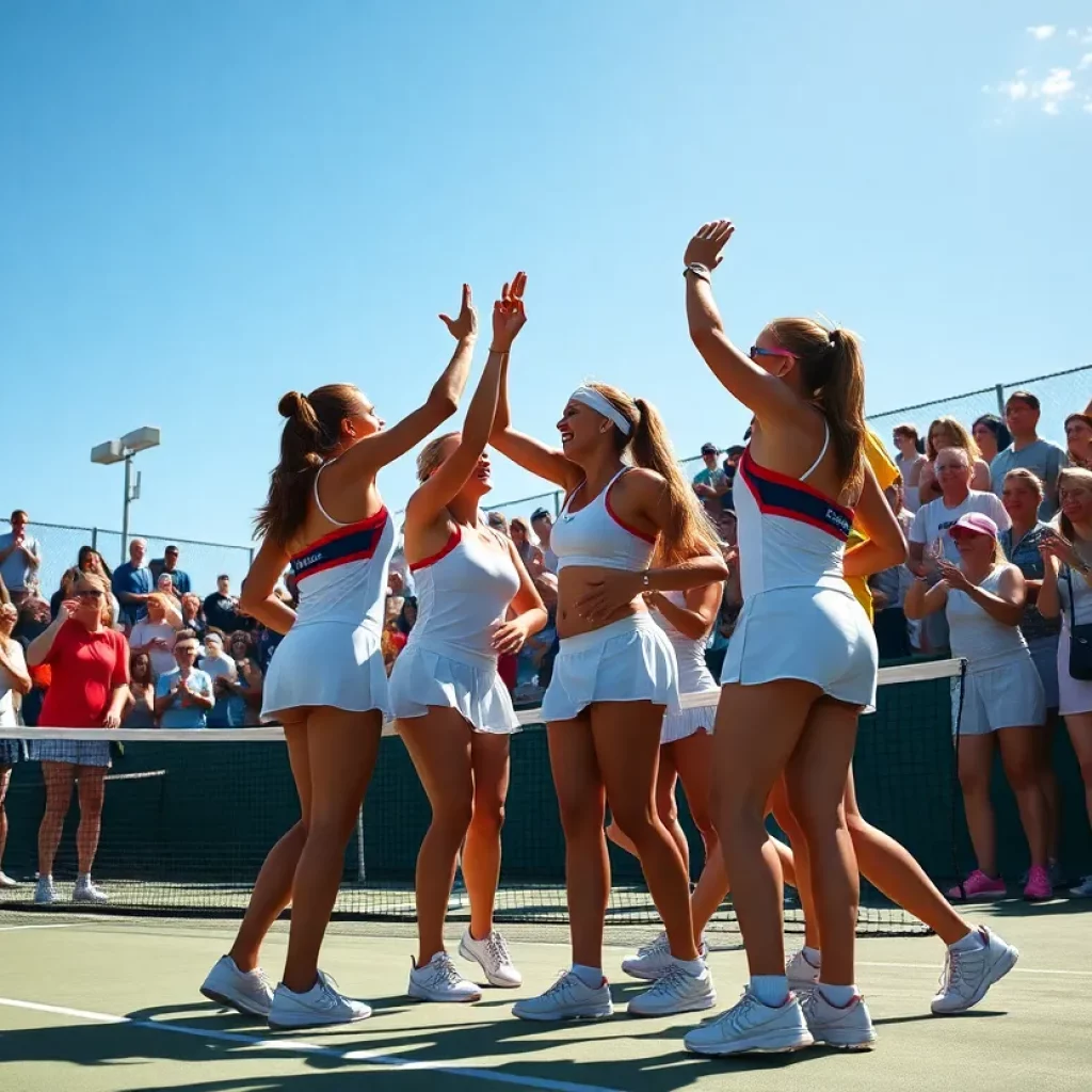 Wellington High School girls tennis team celebrating victory on the court