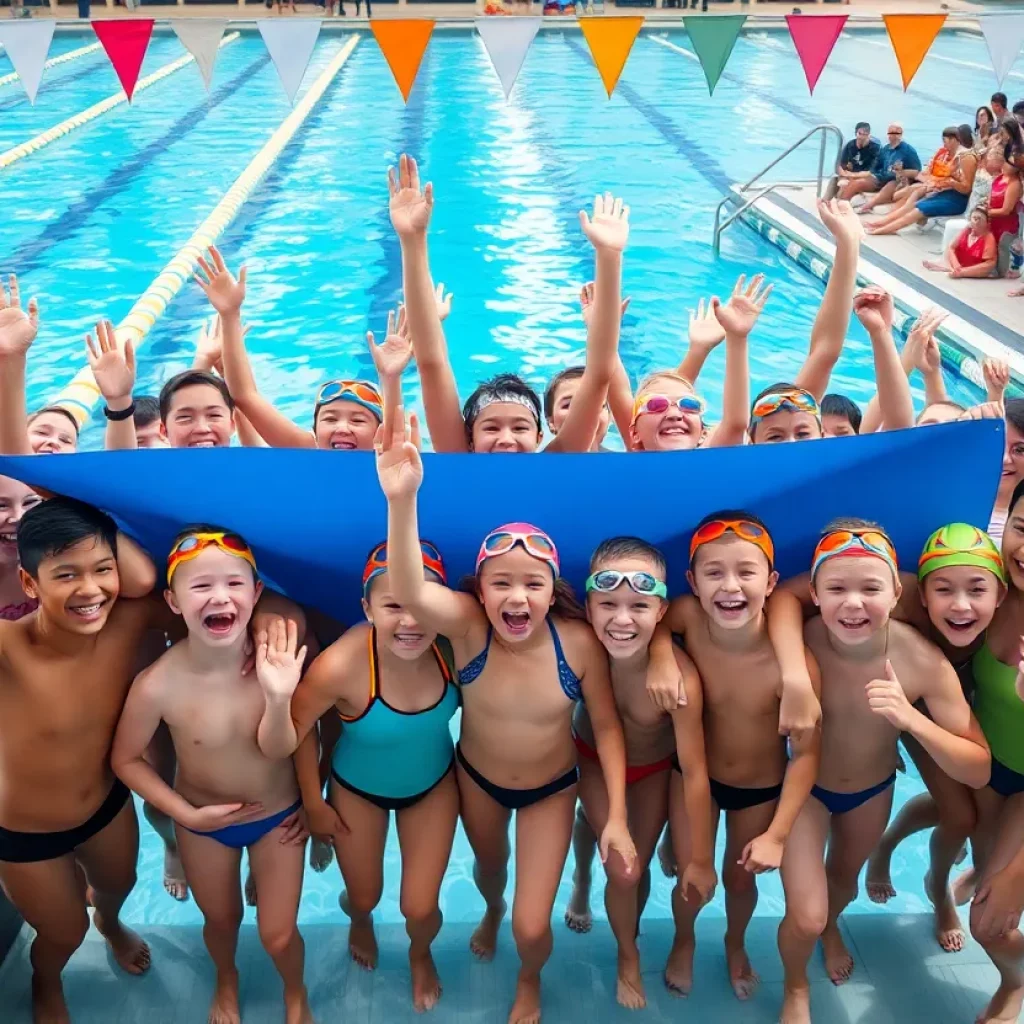 Young swimmers celebrating their achievement by the poolside.