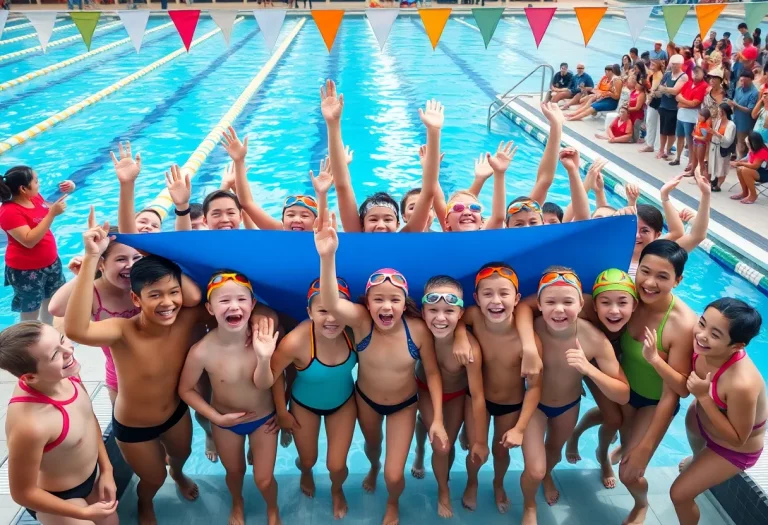 Young swimmers celebrating their achievement by the poolside.