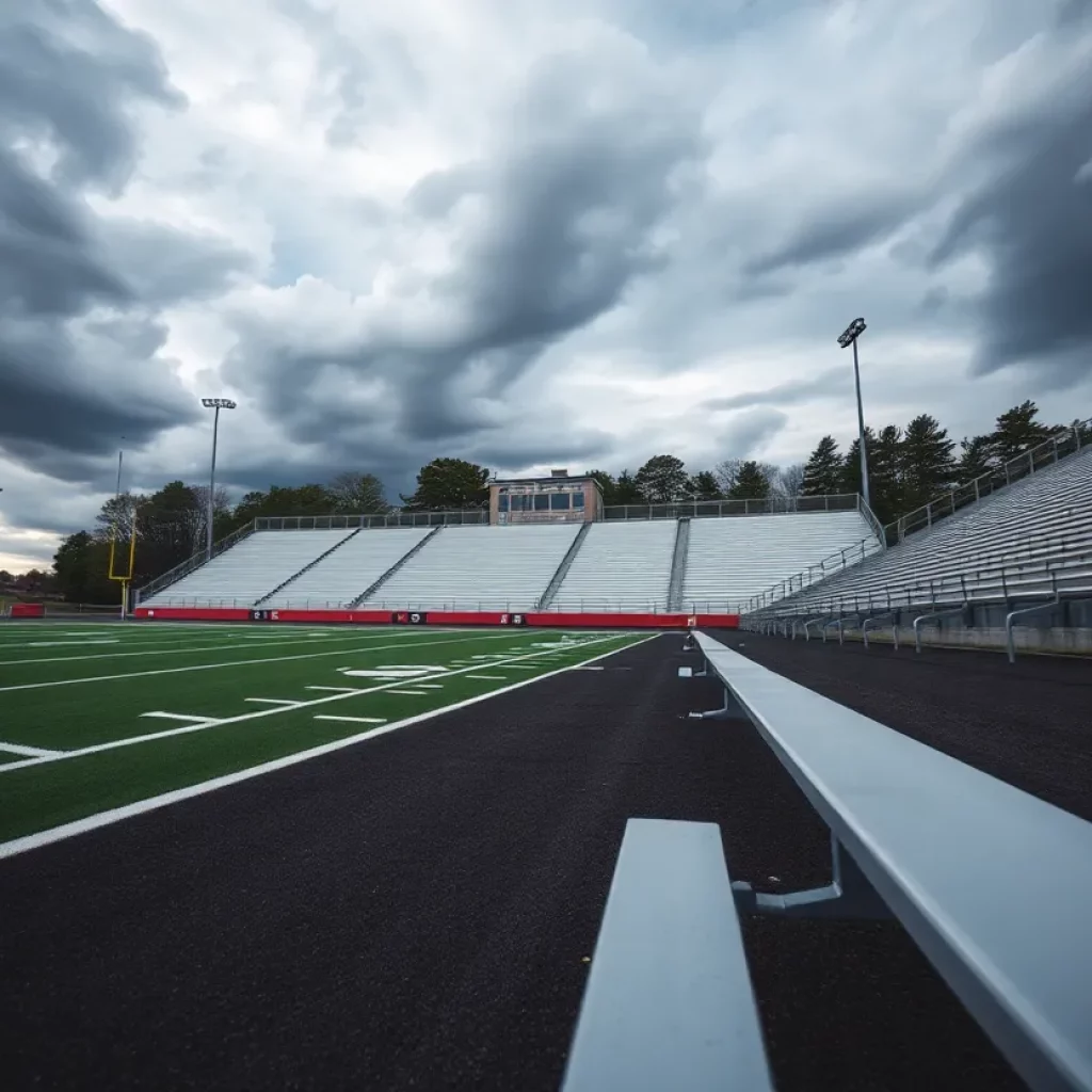 Football field at West High School under cloudy skies