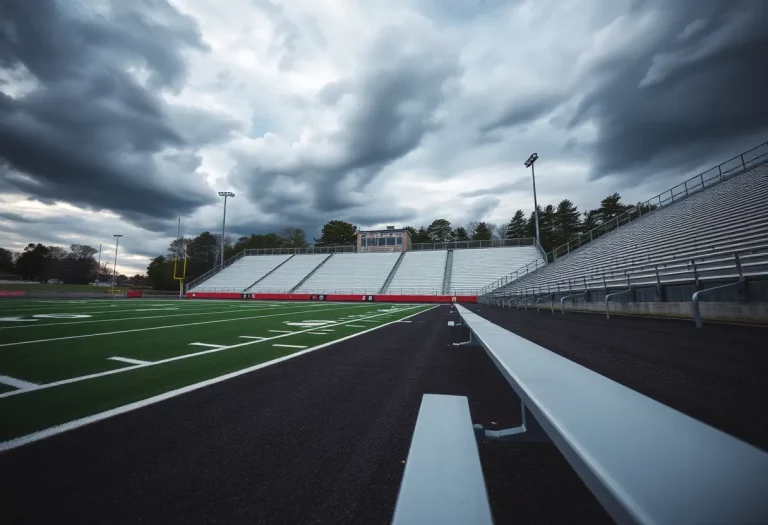 Football field at West High School under cloudy skies