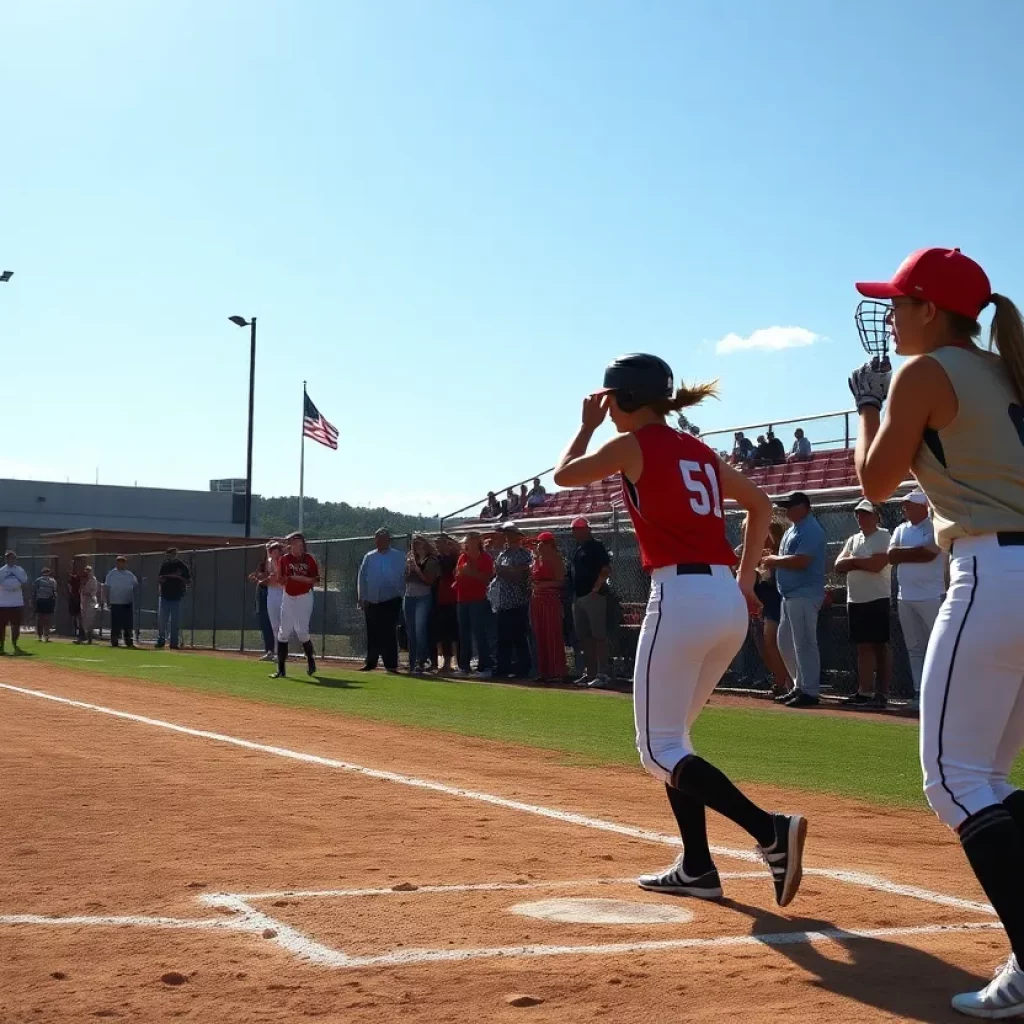 Athletes playing softball at a high school game in West Texas