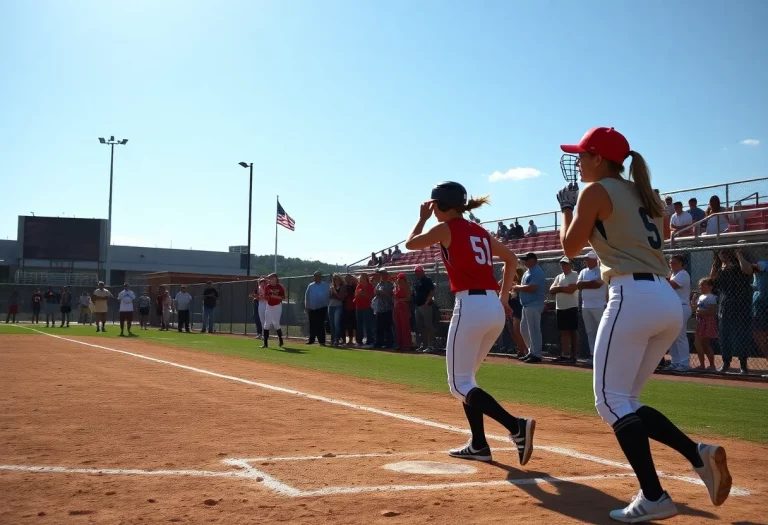 Athletes playing softball at a high school game in West Texas