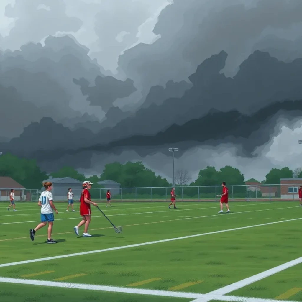 Lacrosse field with students and dark clouds indicating turmoil