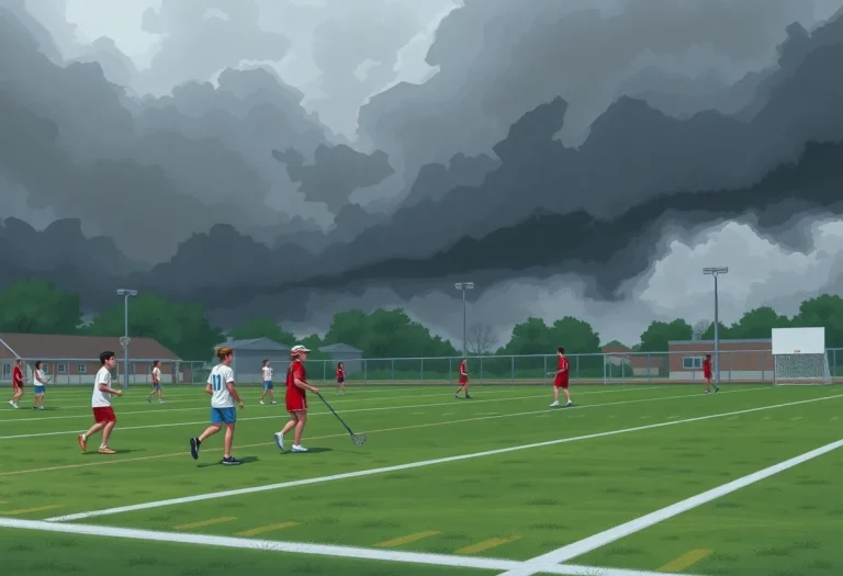 Lacrosse field with students and dark clouds indicating turmoil