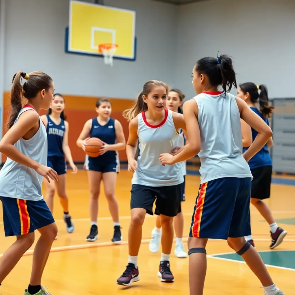 Young female athletes practicing basketball on a court