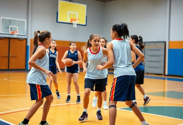 Young female athletes practicing basketball on a court