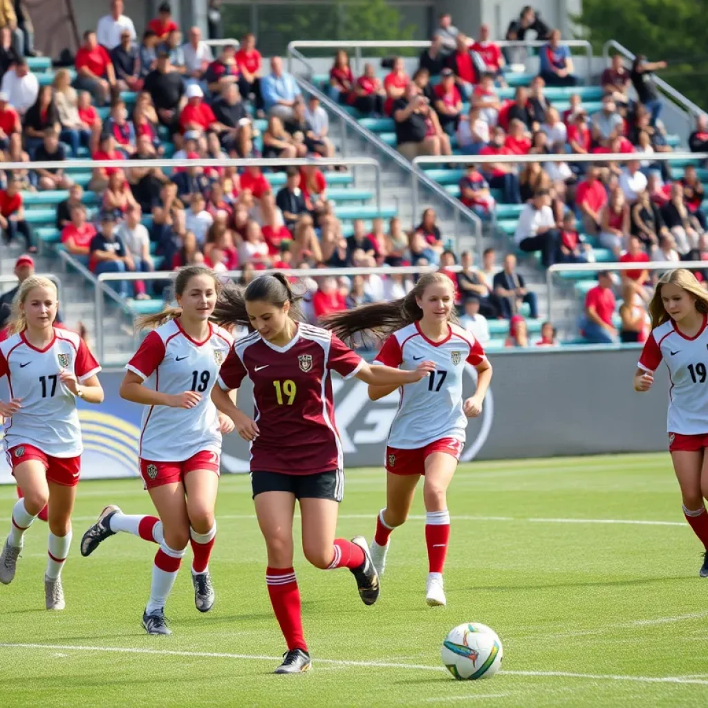 High school girls soccer teams competing in a match