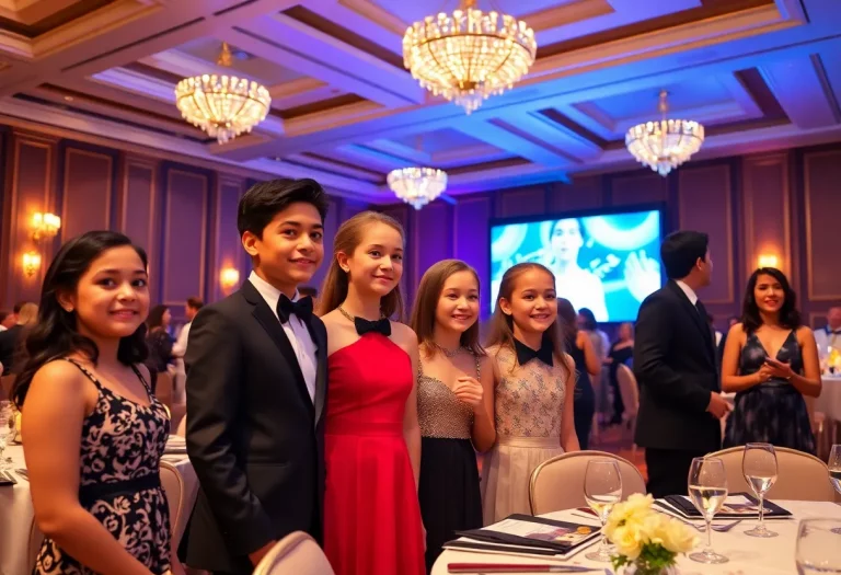Guests at the Winged Foot Award celebration in a luxurious banquet hall.