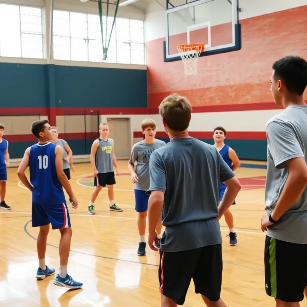 Boys varsity basketball team practicing at Walter Johnson High School