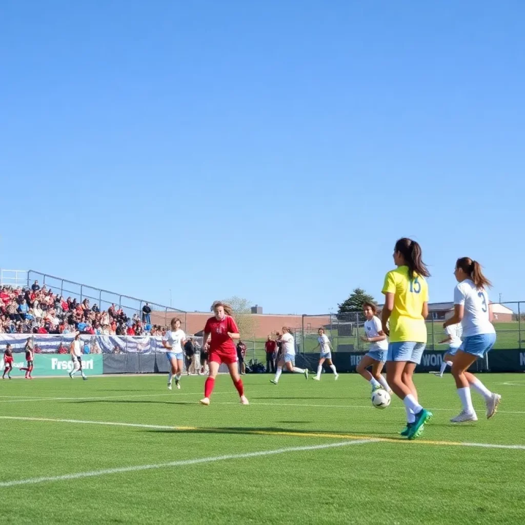High school girls soccer players competing on a vibrant field in Wyoming.
