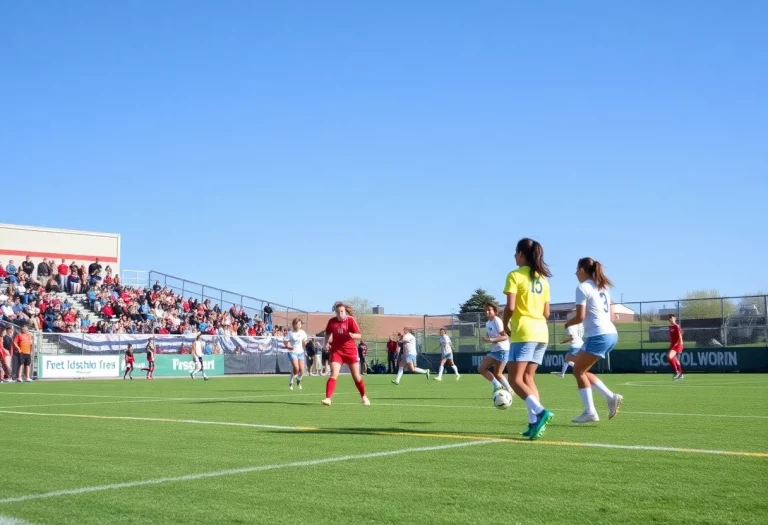High school girls soccer players competing on a vibrant field in Wyoming.