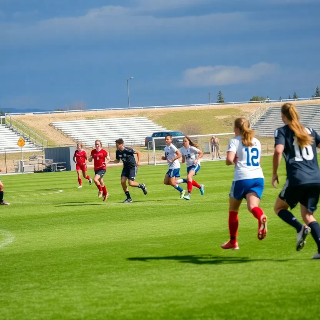 High school soccer players competing on a green field in Wyoming