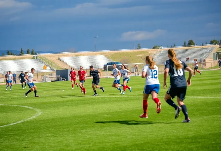 High school soccer players competing on a green field in Wyoming