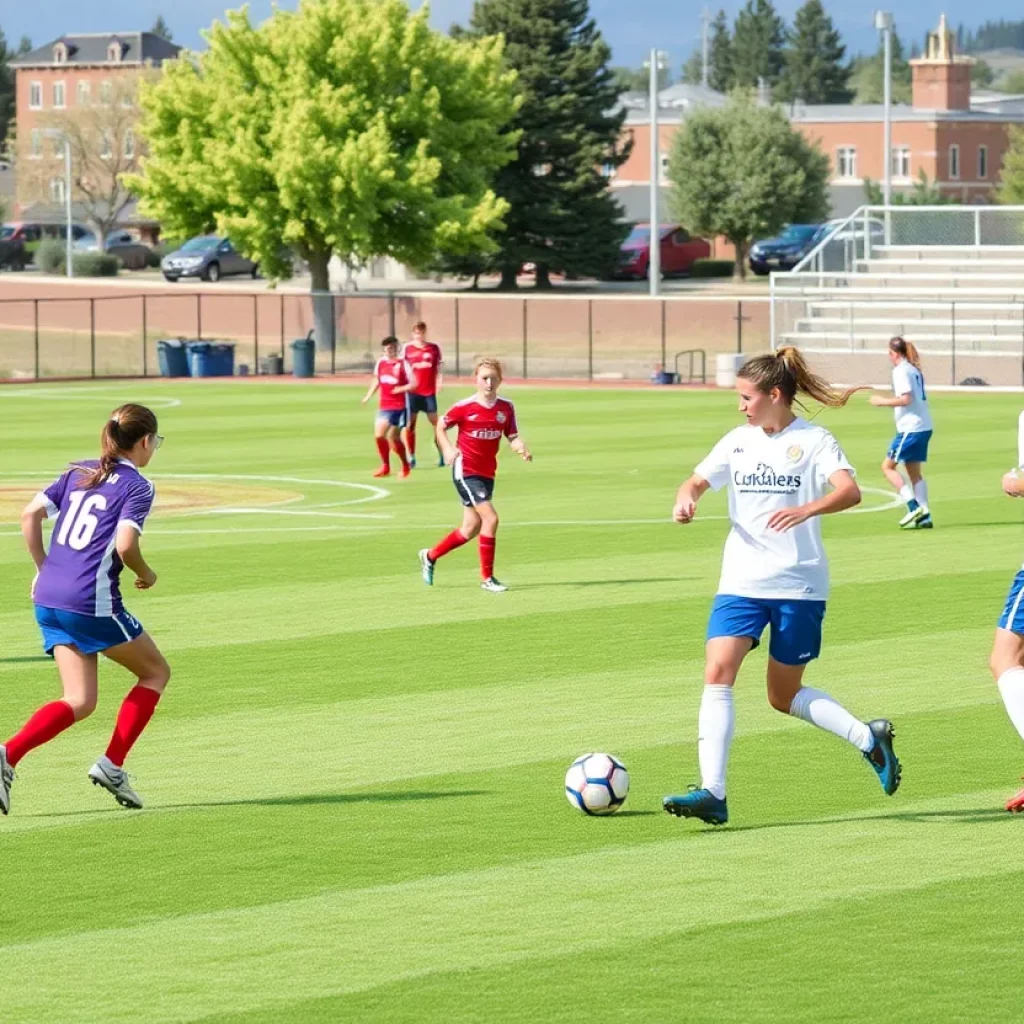 Players engaging in a high school soccer match in Wyoming.