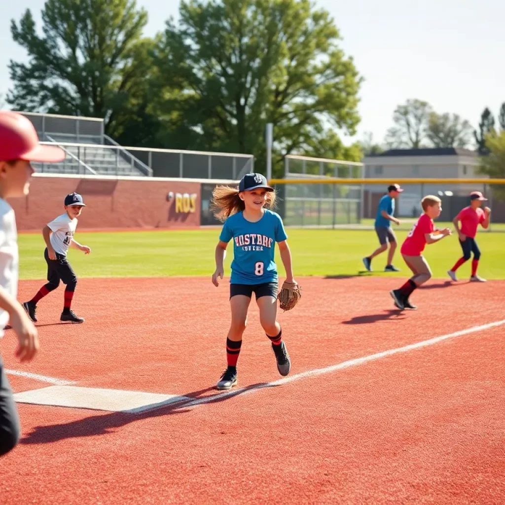 Young softball players practicing on a sunny field