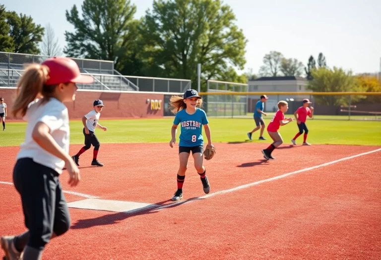 Young softball players practicing on a sunny field