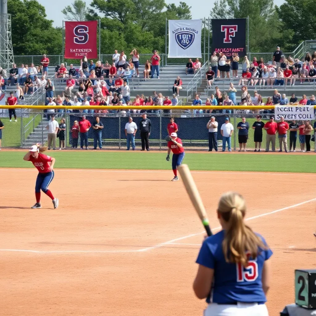 Players and fans at a high school softball game