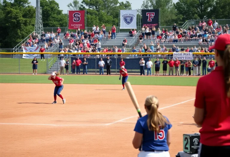 Players and fans at a high school softball game