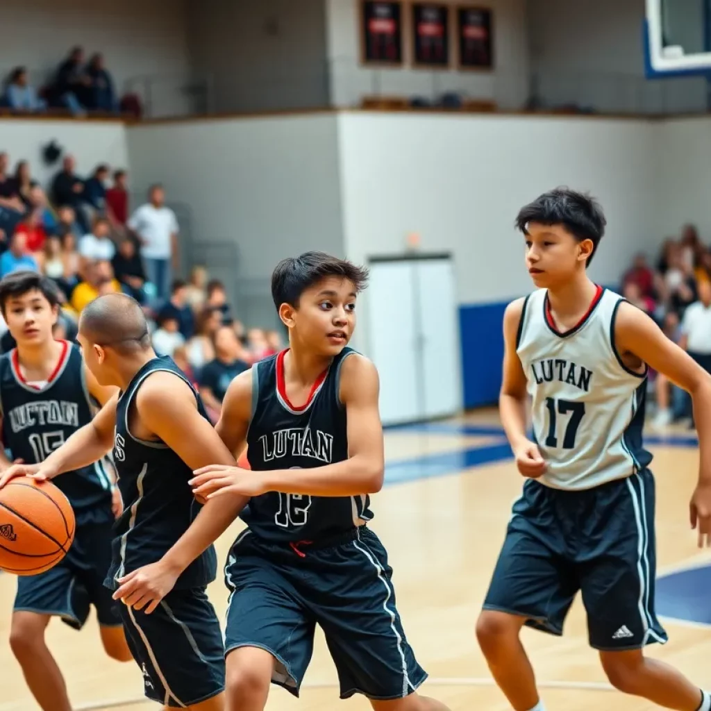 Dynamic basketball action featuring young athletes on the court