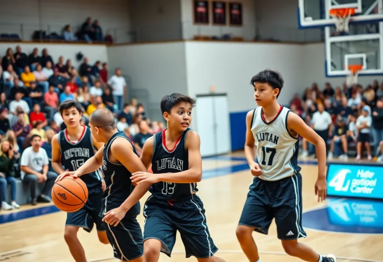 Dynamic basketball action featuring young athletes on the court