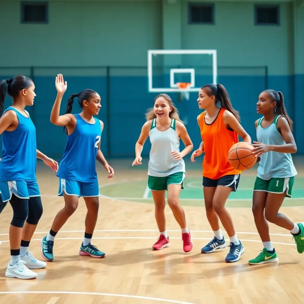 A group of young female athletes practicing basketball on the court