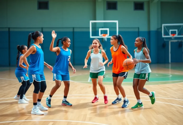 A group of young female athletes practicing basketball on the court