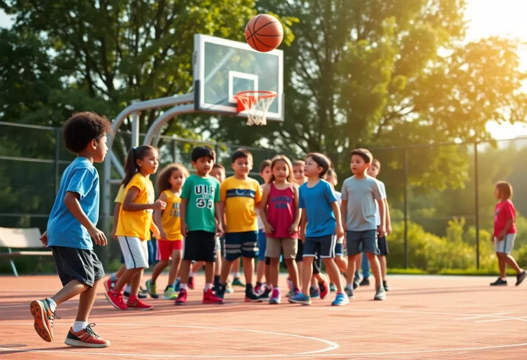 Children participating in a basketball camp, showcasing teamwork and learning.