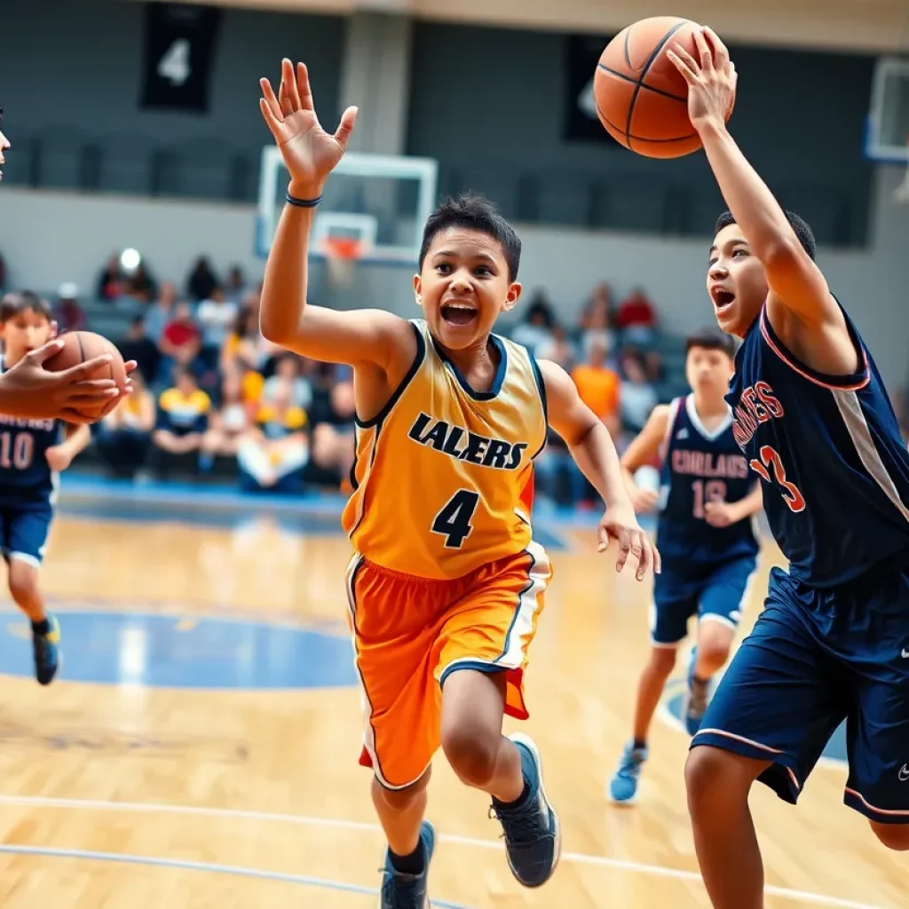 Youth basketball players competing on the court