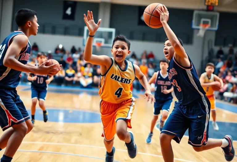 Youth basketball players competing on the court