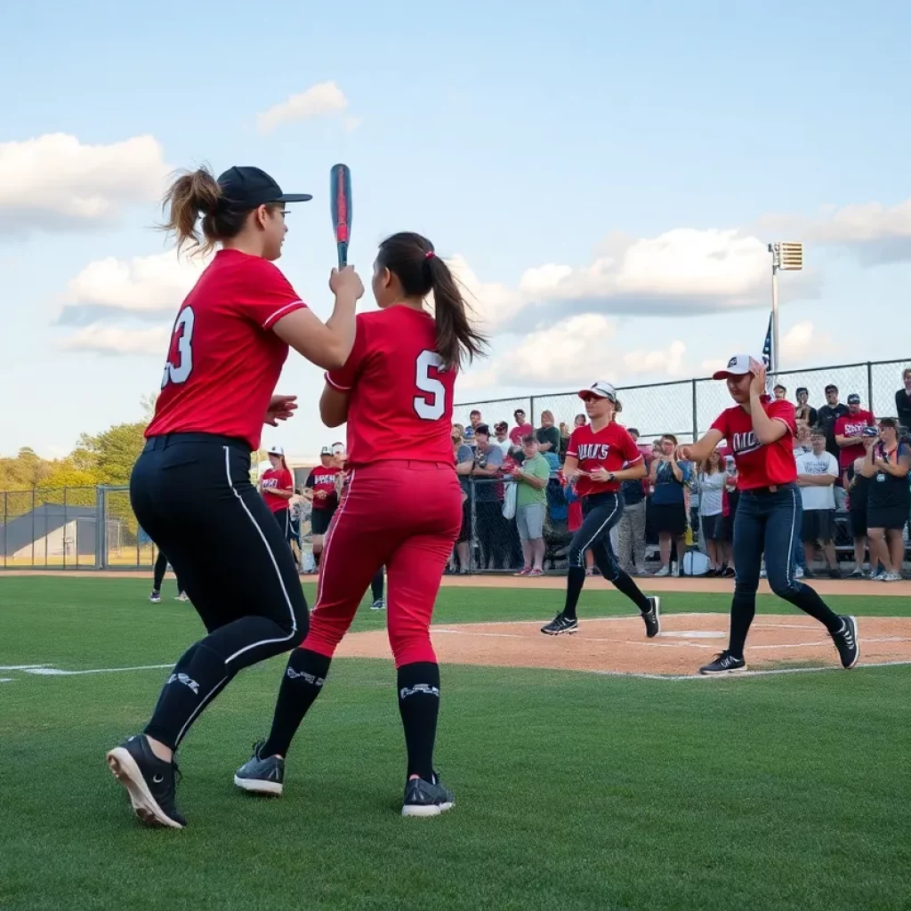 High school softball players celebrating on the field during the All-First Coast team announcement.
