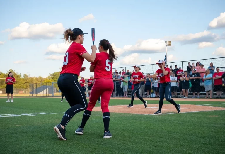 High school softball players celebrating on the field during the All-First Coast team announcement.