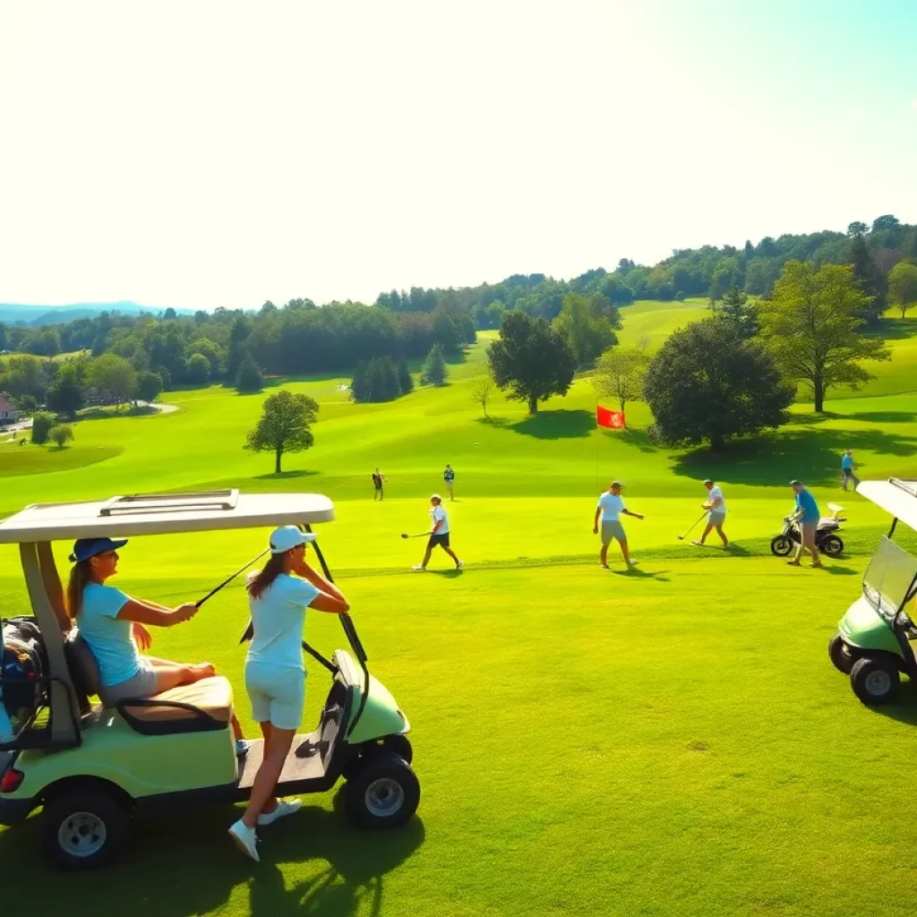 A high school golf tournament with young golfers in action.