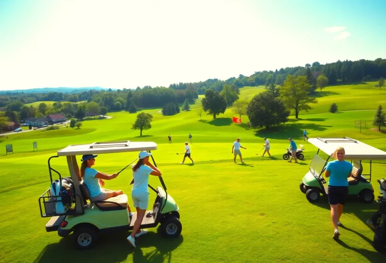 A high school golf tournament with young golfers in action.