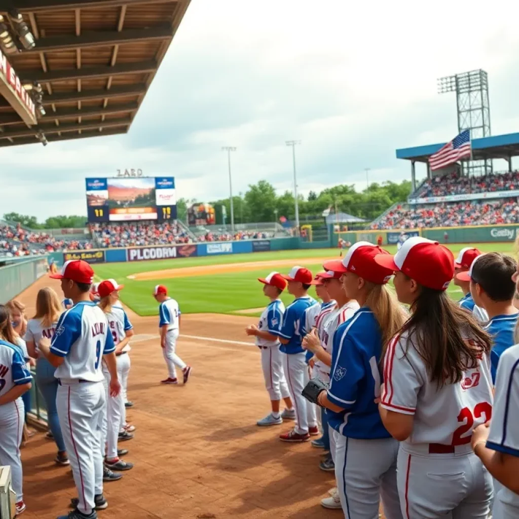 Young athletes playing baseball in an energetic stadium