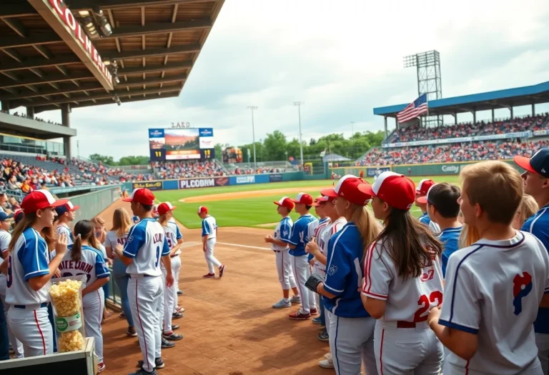 Young athletes playing baseball in an energetic stadium