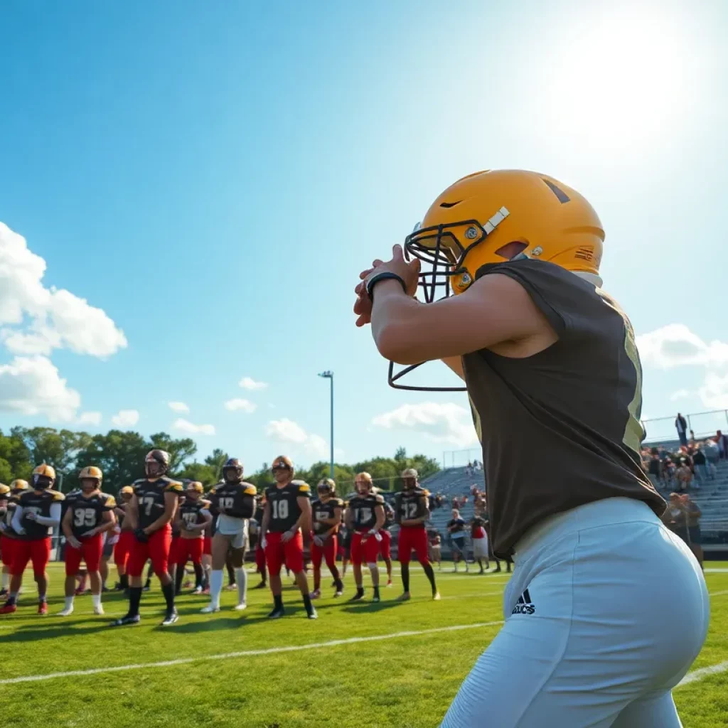 Students practicing football on a sunny Alabama field