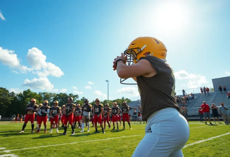 Students practicing football on a sunny Alabama field