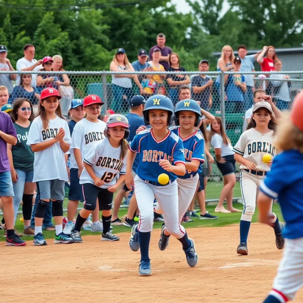 Youth softball players in action during a game.