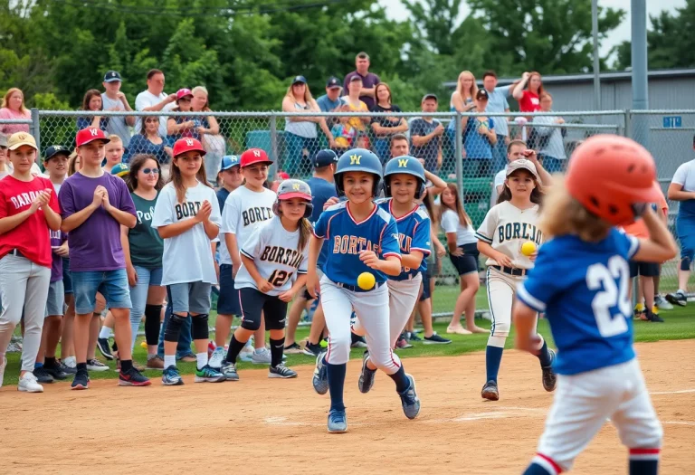 Youth softball players in action during a game.