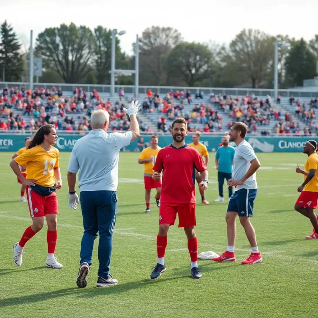 Albertville Aggies football team practicing on the field